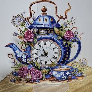 Handmade 5D Diamond Art Teapot Clock Floral Teapot Design 8x10" Cottagecore New